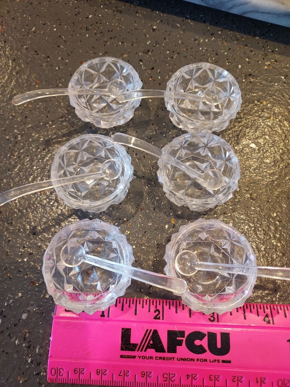 6 Vintage Clear Star Patterned Glass Open Dip Salt Cellars with tiny Spoons 1.5"